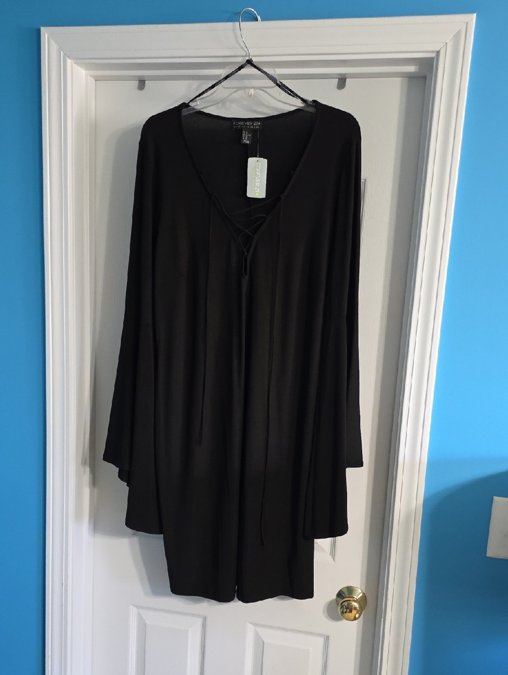 Forever 21 Black Midi Dress with Lace-Up Neckline